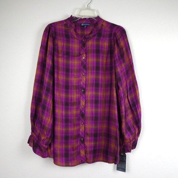 Democracy Ruffle Neck Shirt Blouse Plus Women's Plus Size 2X Purple Plaid - Picture 2 of 9